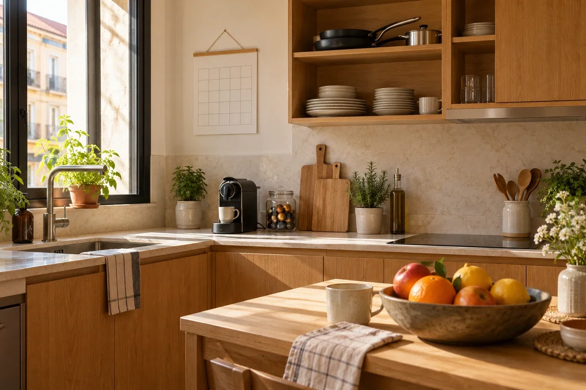 Cocina equipada en un apartamento para estancias por meses en Madrid