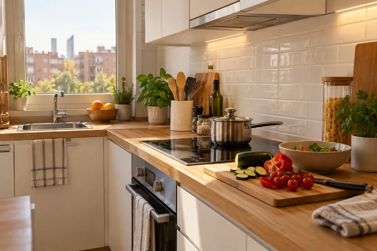 Cocina equipada de un apartamento cerca del Hospital La Paz, Madrid